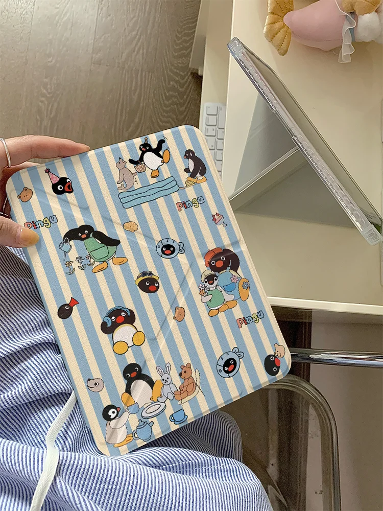 Penguin Cute Stripe Tablet Case For iPad pro10/11/2020/6th/7th /8th /Air 3rd/Air 4th/9th gen/Air 5th Air 11 MINI 3YFold Cover
