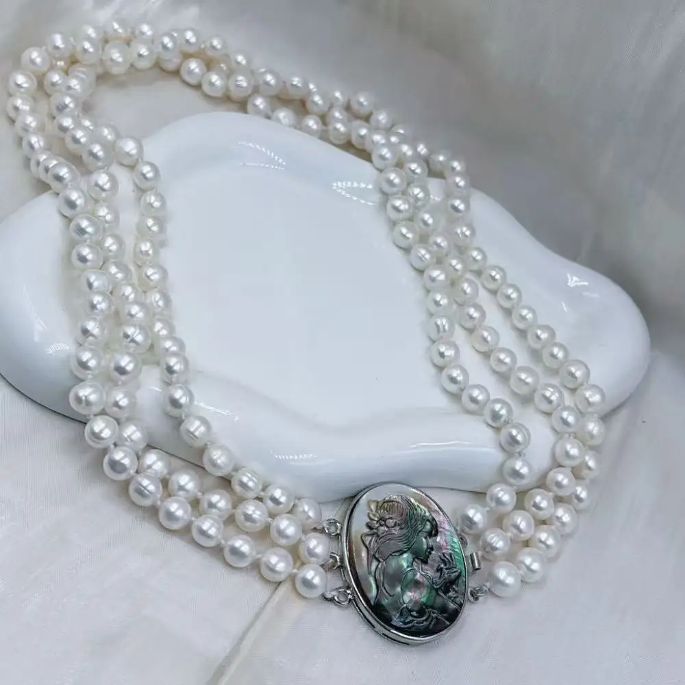 8mm 3 Layer Natural Freshwater White Pearl Necklace Luxurious Gift for Wife Women Wedding Party Dress Jewelry Necklace 18inch