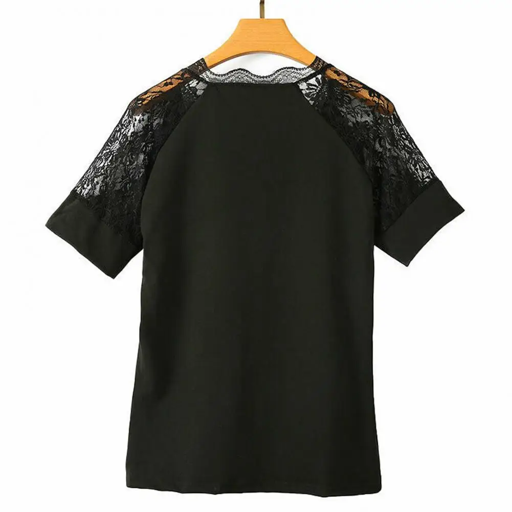 Camiseta de manga corta de encaje con cuello en V para mujer, Jersey ajustado de Color sólido, ropa de calle, blusa de oficina, cuello redondo