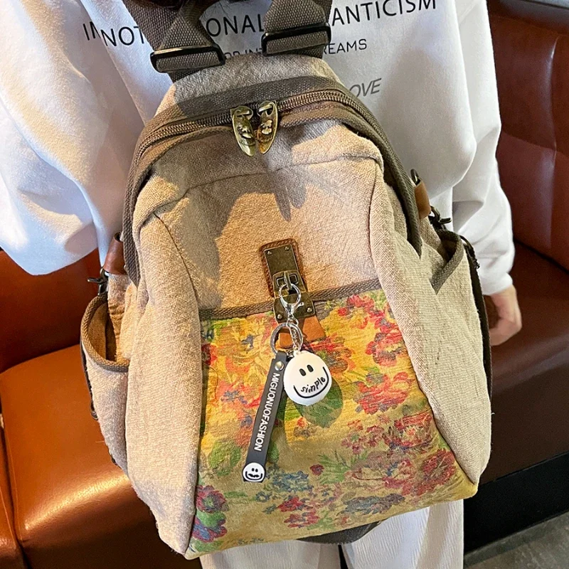 Cotton linen printed backpack women's 2025 new fashion versatile personalized linen backpack travel messenger bag