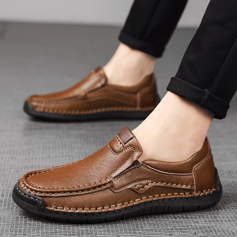 2024Natural Leather Shoes Men Loafers Waterproof Autumn Casual Shoes Flats Anti-slip Rubber Breathable Comfort Walking Men Shoes