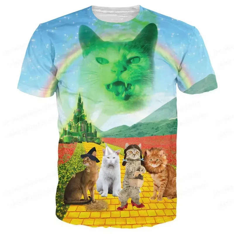 Men Funny Galaxy Cat Laser Pizza Volcano Lightning 3D Print Short Sleeve T Shirt Cute Animal Space Rainbow Graphic Casual Daily
