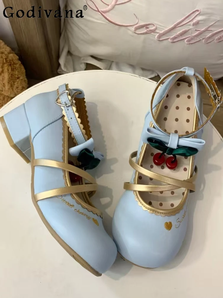 

2025 New Sweet Girl Cherry Embroidered Lolita High Heels Versatile Doll Style Round Toe Chunky Heel Mary Jane Shoes