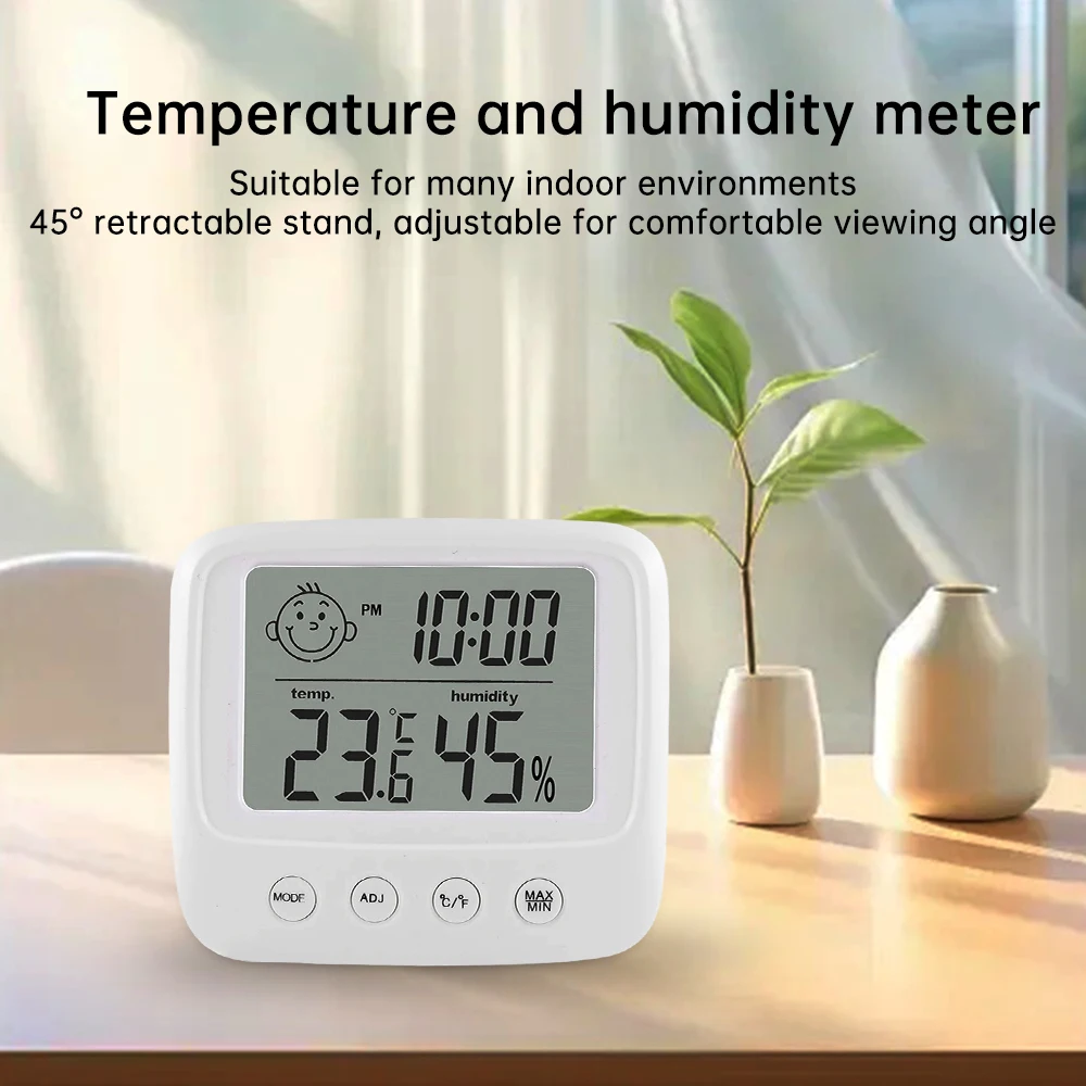 New Smiley Electronic Thermometer Hygrometer Clock LCD Digital Temp Humidity Meter Home Indoor Outdoor Weather Station