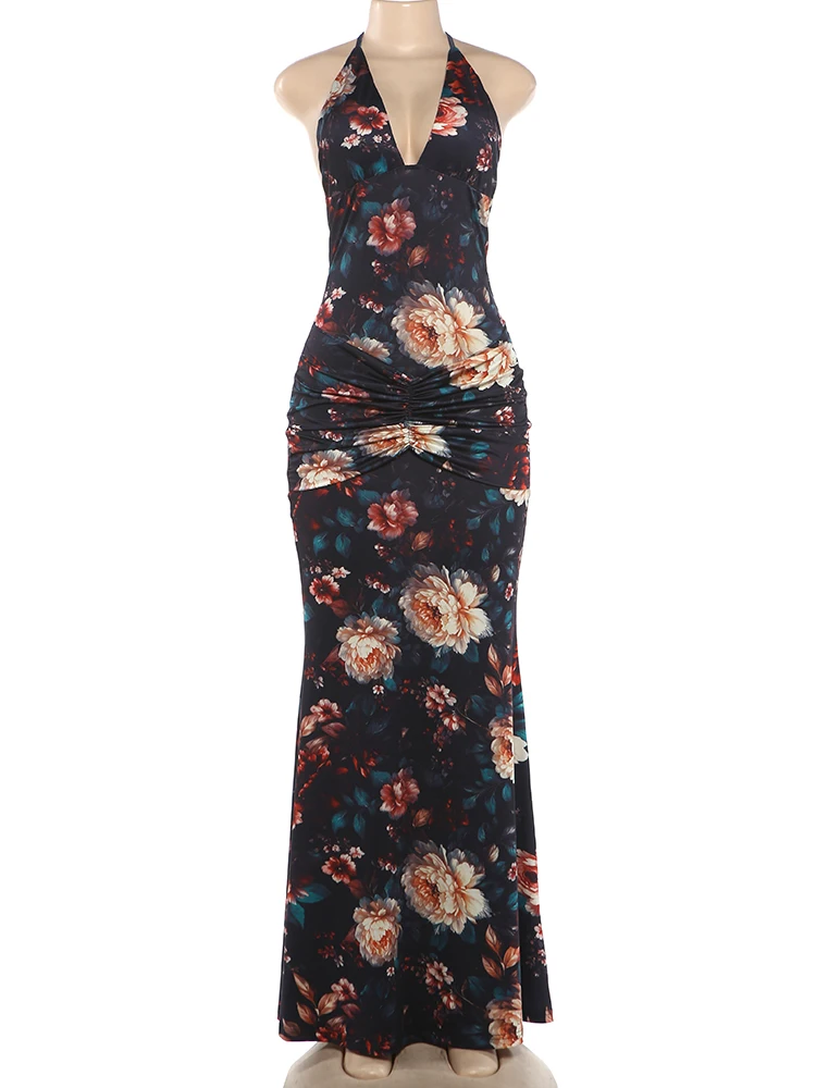 Weird Puss Sexy Rückenfreies Langes Kleid für Damen mit Blumenmuster, Schnürung, Neckholder, Tiefer Ausschnitt, Ärmellos, Mitternachts-Abendkleid, Elegantes Vestido – Detail 3