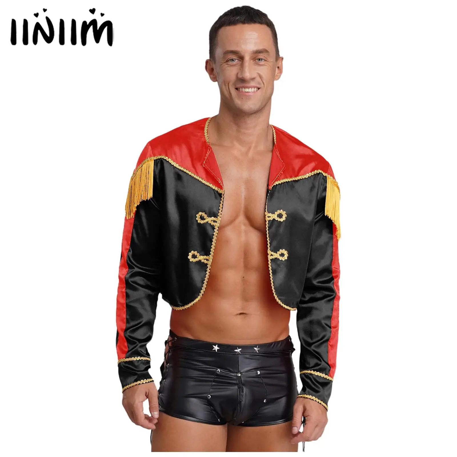 

Men Matador Spain Bullfighter Carnival Cosplay Costume Trumpet Drum Major Team Gold Braid Trim Tassels Satin Cropped Jacket Tops