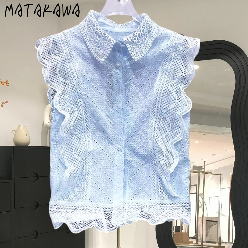 Matakawa Lace Shirts&blouses Women Tops Ruffles Hollow Out Spring Summer Blusas Mujer Korean Fashion Elegant Retro Camisas