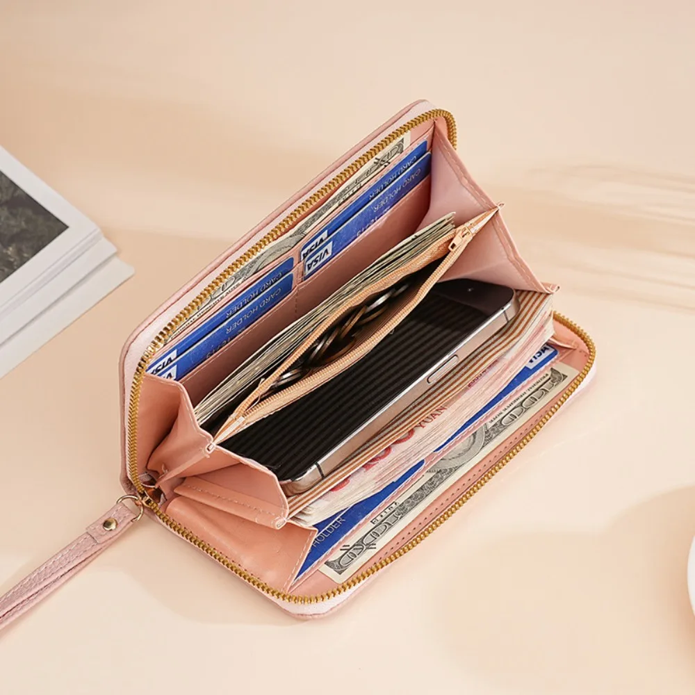Luxury Leather Long Wallet With Wrist Strap Solid Color Multi Card Holder Large Capacity Phone Handbag Women - view 2