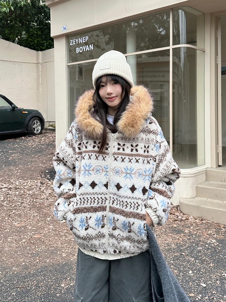 

Женское утепленное хлопковое пальто URKR в стиле ретро с узором Fair Isle и отделкой из овечьей шерсти, уникальный дизайн, длинный рукав, застежка-молния