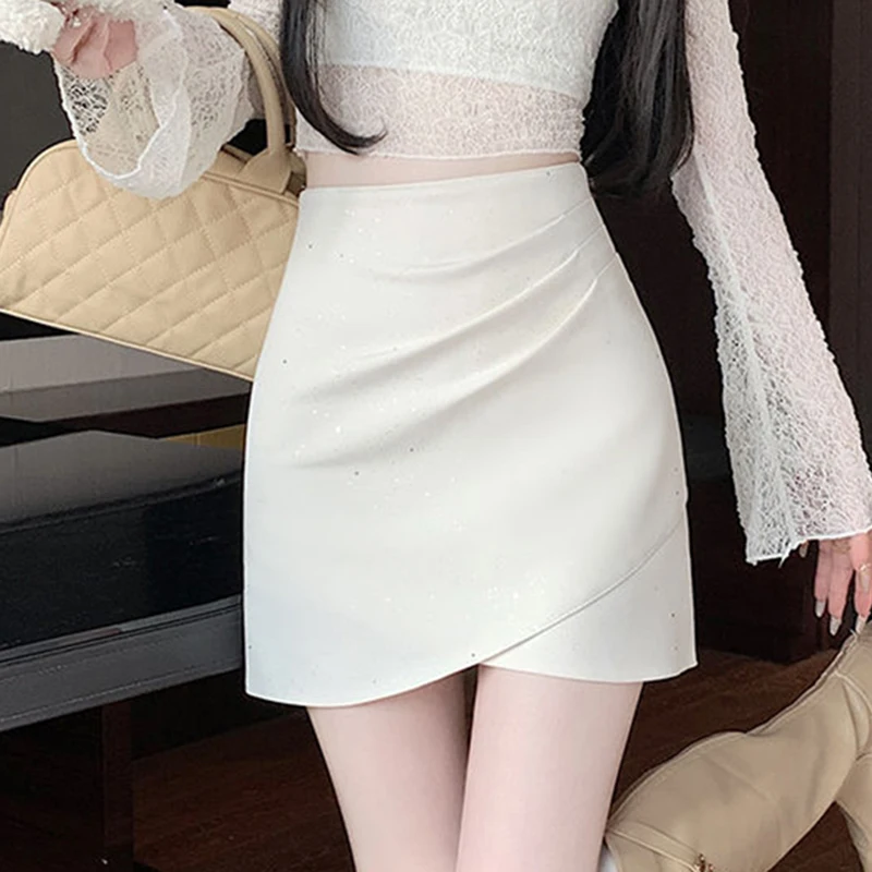 

Sequins Design Asymmetrical Skirts for Women Korean High Waist Solid Wrap Hip Skirt Lady 2025 Simple Ruffled Short Skirts Mujer