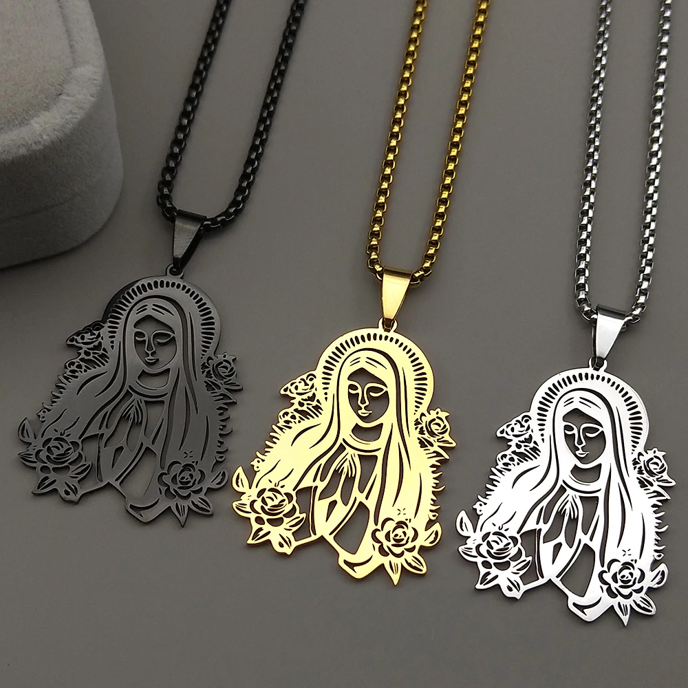 Guadalupe Jungfrau Maria Blume Kette Für Frauen Männer Edelstahl Silber Farbe Unsere Liebe Frau Mutter Katholischen Anhänger Halsketten Schmuck – Detail 7