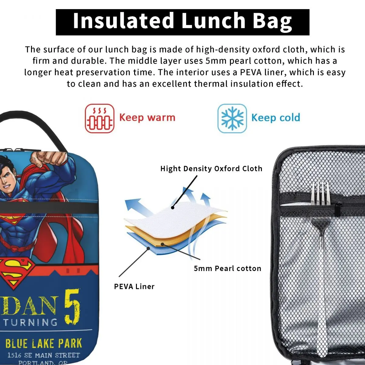 Supermans Birthday Isolierte Lunchtasche Thermotasche   Mahlzeitenbehälter, tragbare Tragetasche, Lunchbox für Männer, Frauen, College, Outdoor