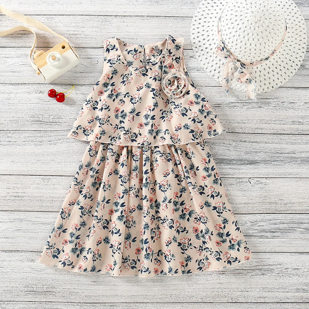 2024 Summer New Arrival Girls Sleeveless O Neck Print Floral Pink Designer Cute Party Princess Dress Custume 12M-7T