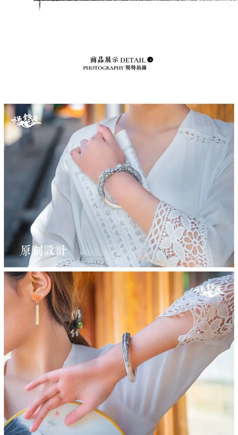Fashion Zhaocai Wide Face Double Pixiu Pure Silver Bracelet Vintage Personalized Open Bracelet with Old Men's Chinese Style