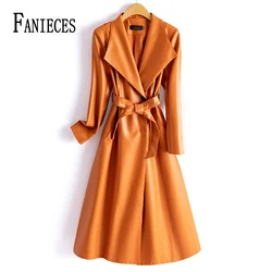 FANIECES 5XL Sheepskin Long Coat For Women Winter Big Turn Down Collar Belted Pu Leather Jacket chaquetas de cuero mujer 2023