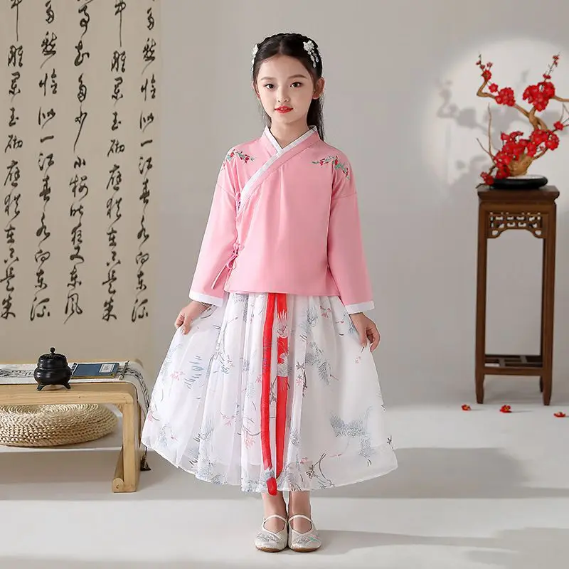 2pcs/set Girl Summer New Fairy Hanfu Top Skirt Chinese Style Embroidery Tang Suit Performance Role Play Costume