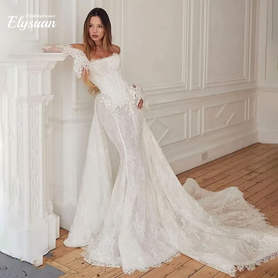 

Customized Elegant Wedding Dresses Mermaid Lace Bridal Gowns Strapless Sleeveless with Detachable Train Robes Vestidos De Novia