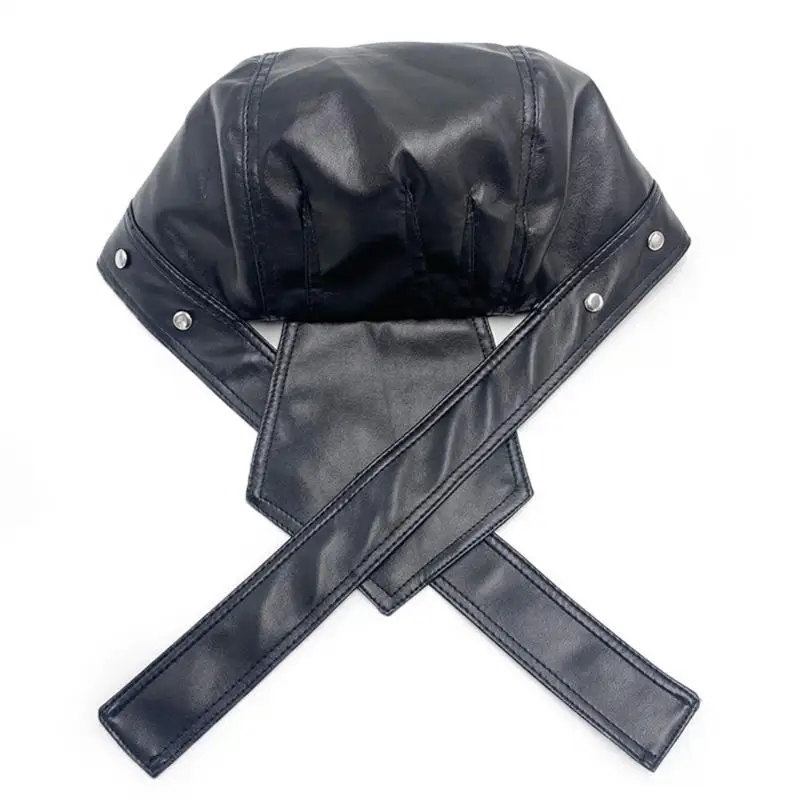 

A52E Punk PU Leather Turban Hat Skull Cap Adjustable Strap Rivet Studded Bandana Hat