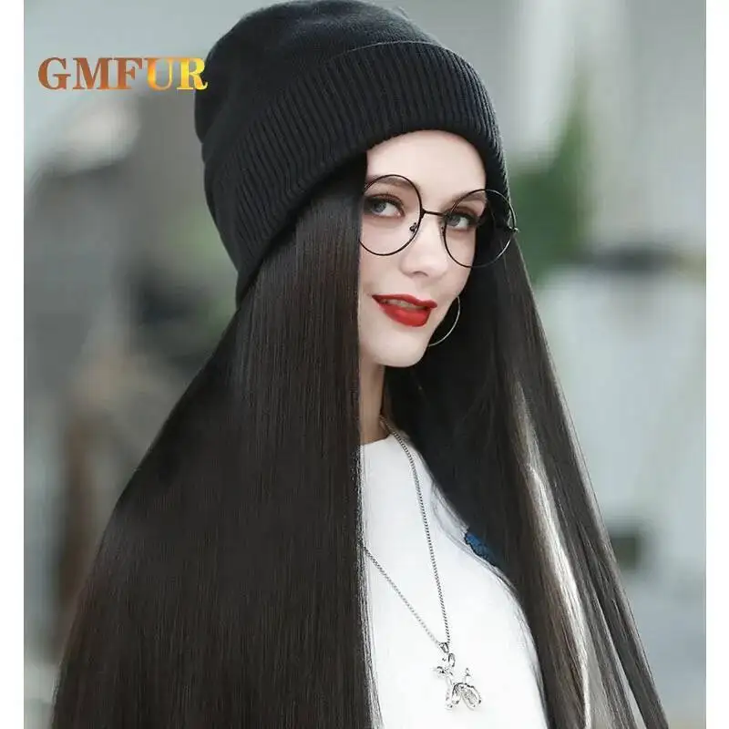 

Beanies Hat With Hair Wigs For Women Long Straight Hair Synthetic Wig Warm Soft Ski Knitted Cap All-in-one Wig With Hat