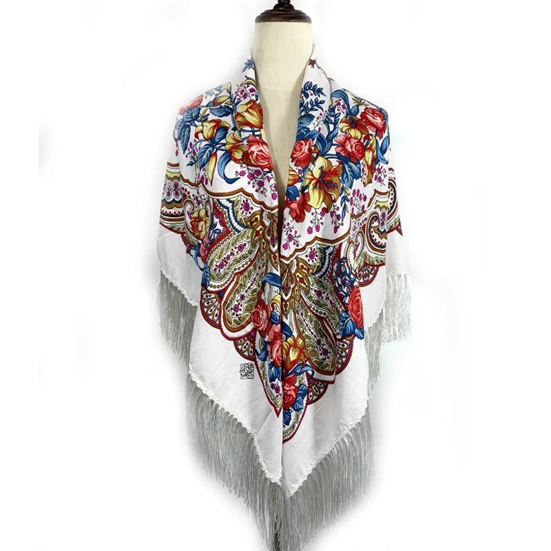 140*140cm New Design Women Russian Square Scarf Retro Floral Printed Fringed Handkerchief Ethnic Shawls BabushkaHead Wraps