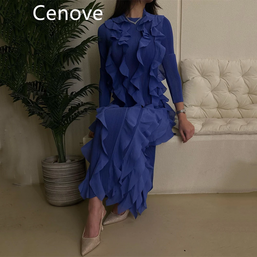 

Cenove Blue High Neck Prom Dress Long Sleeves With Cloth Shape Ankle Length Evening Summer Elegant Party Dress For Women 2023