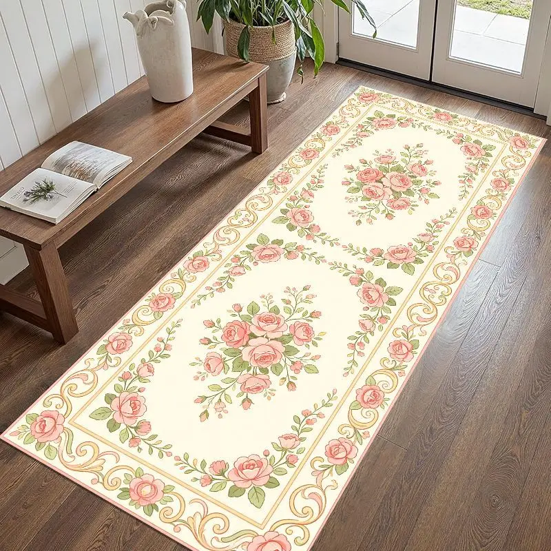 VIKAMA French Rose Carpet, Anti-slip Long-Strip Corridor Floor Mat, European Floral Side Cushion, Home Decoration