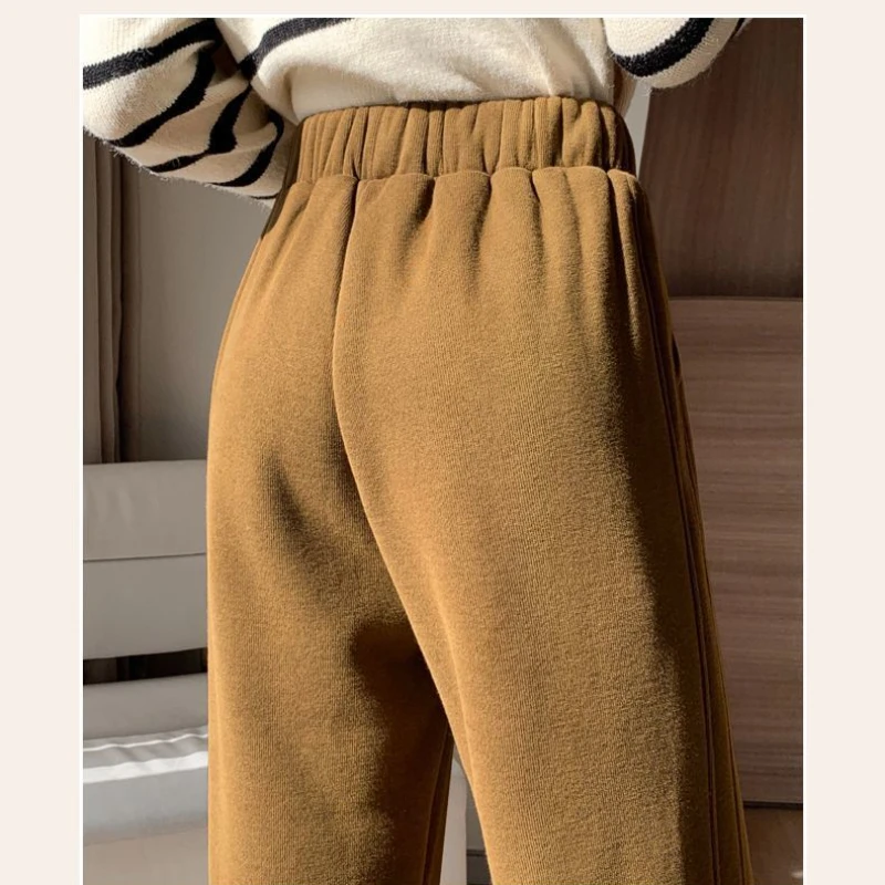 Plush Thick Straight Pants Women\'s Casual Thick Sweatpants Cashmere Harlan Pants High Waist Warm Drawstring Streetwear Trousers