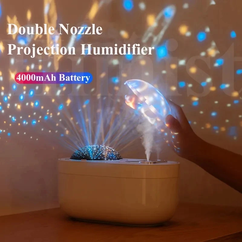 1L Projection Light Air Humidifier Dual Nozzle 4000mAh Rechargeable Battery Wireless Ultrasonic Aroma Diffuser Mist Maker Fogger