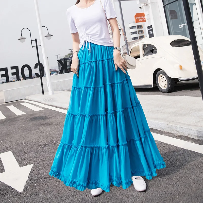 Korean Style Women\'s Umbrella Shape Long Skirts Sale Summer Girls Solid Ruffles Cotton Skirt Ladies Beach Casual Knitted Skirts