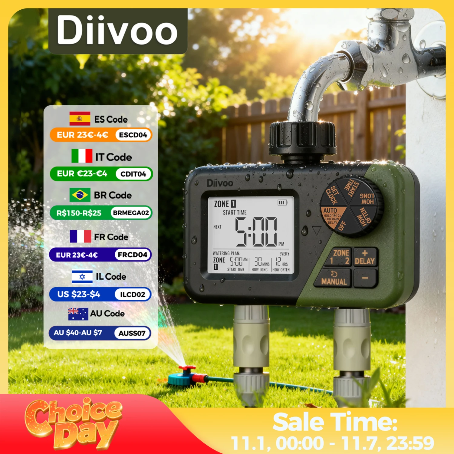 

Diivoo Garden Water Timer 2 Outlets IPX5 Waterproof Multi-Functional Automatic Irrigation Timer with Rain Delay/Manual/Auto Mode