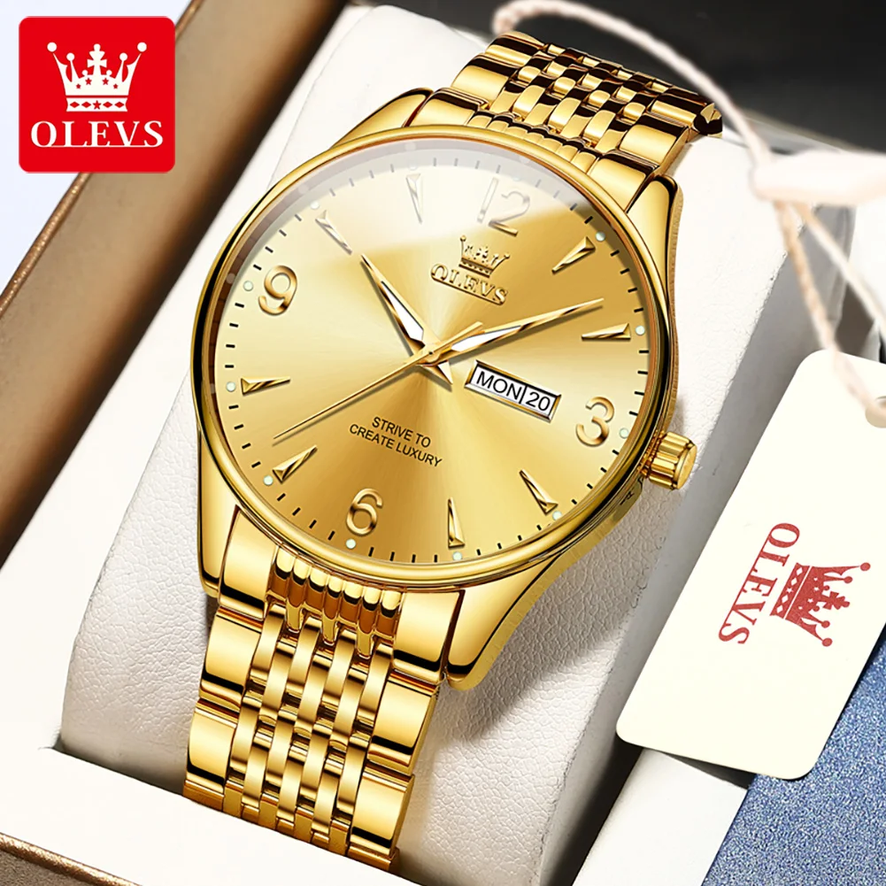 OLEVS Luxury Brands Original Quartz Men\'s Watches Waterproof Fashion Gold Wristwatch for Male Luminous Butterfly Buckle Watch