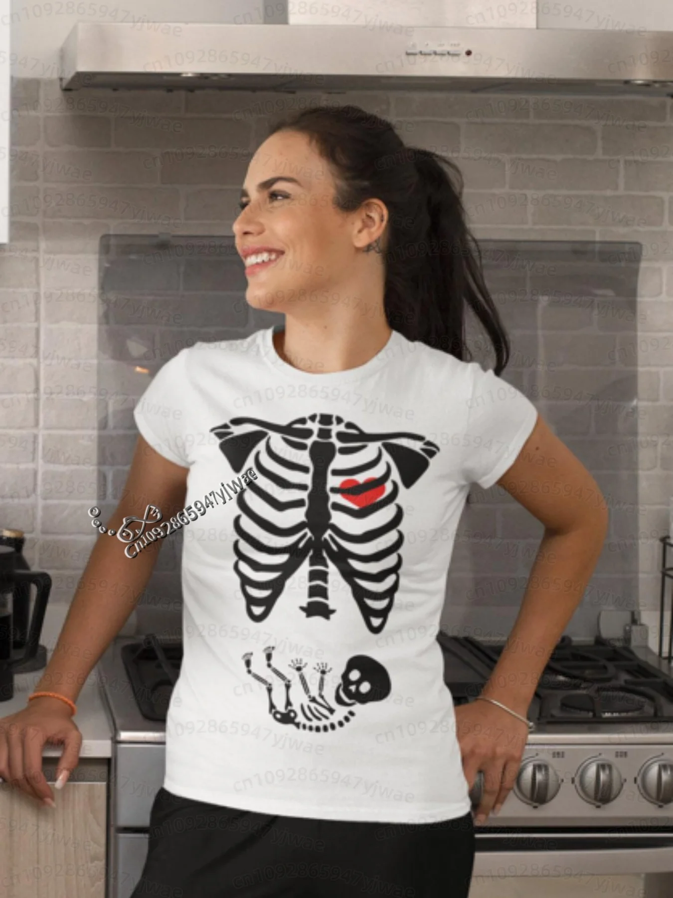2026 Herren Halloween Skelett Schwangerschafts-Baby Halloween T-Shirt Totenkopf-Knochen-Druck Kurzarm Damen Herren Halloween Paar T-Shirt – Detail 13