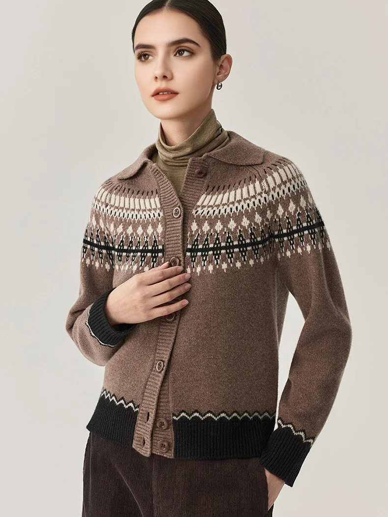 SuyaDream, Women Jacquard Cardigans, 100%Sheep Wool, Turn Down Collar, Christmas Sweaters, 2025 Fall Winter Knitted Jackets
