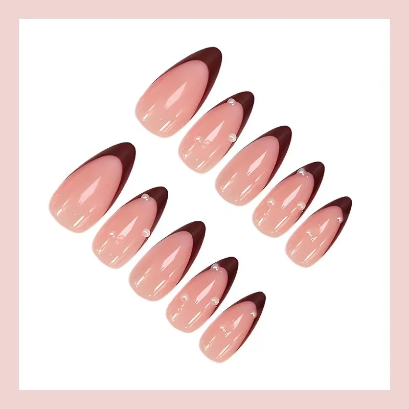 24PCS Classic burgundy nail set paired with French pointed fake nails and adorned with mini sequined pearls view 3