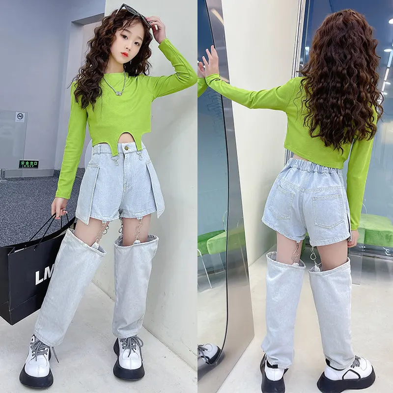 Kids Girl Hip Hop Clothing Sets Long Sleeves Crop Tops Jeans Pants with Chain New Fashion Clothes Streetwear Dance Stage Costume