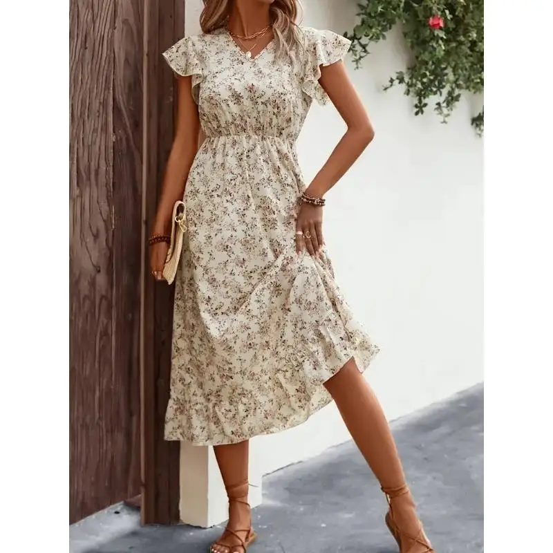 여름 패션 V넥 여성용 드레스 허리 조임 플로럴 프린트 골드 헴 부드럽고 편안한 폴리에스터 섬유