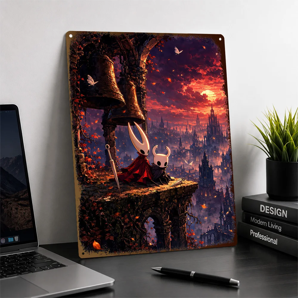 Hollow Knight And Hornet At Sunset Aluminum Poster Illustrated Wall Art For Gaming Room Personalized Metal Sign Birthday Gift