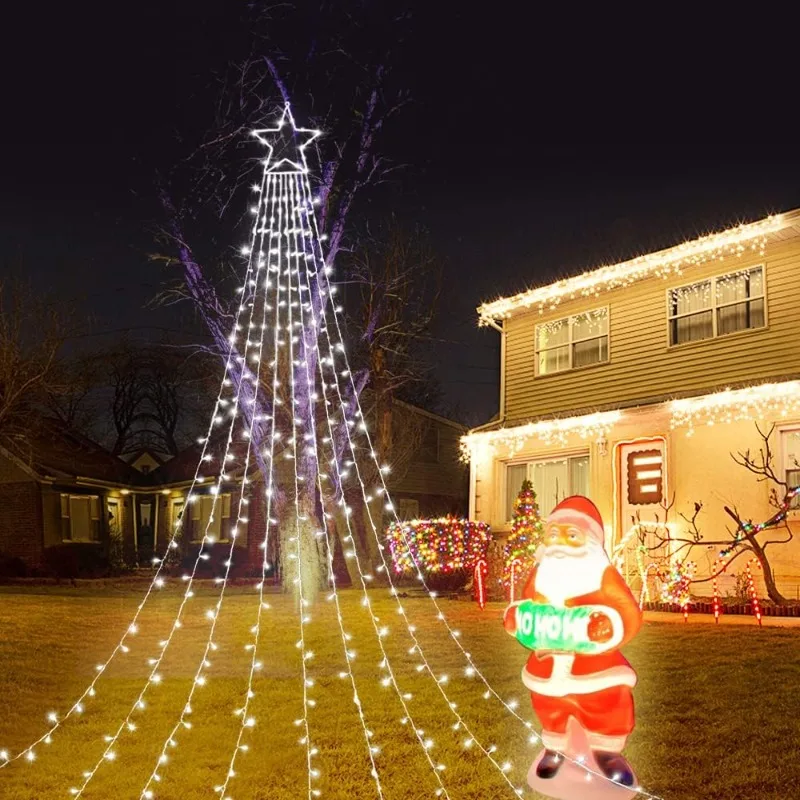 

Christmas Decorations Star String Lights, 320 LED Waterfall Tree Lights with 13" Topper Star 8 Lighting Modes Indoor Outdoor