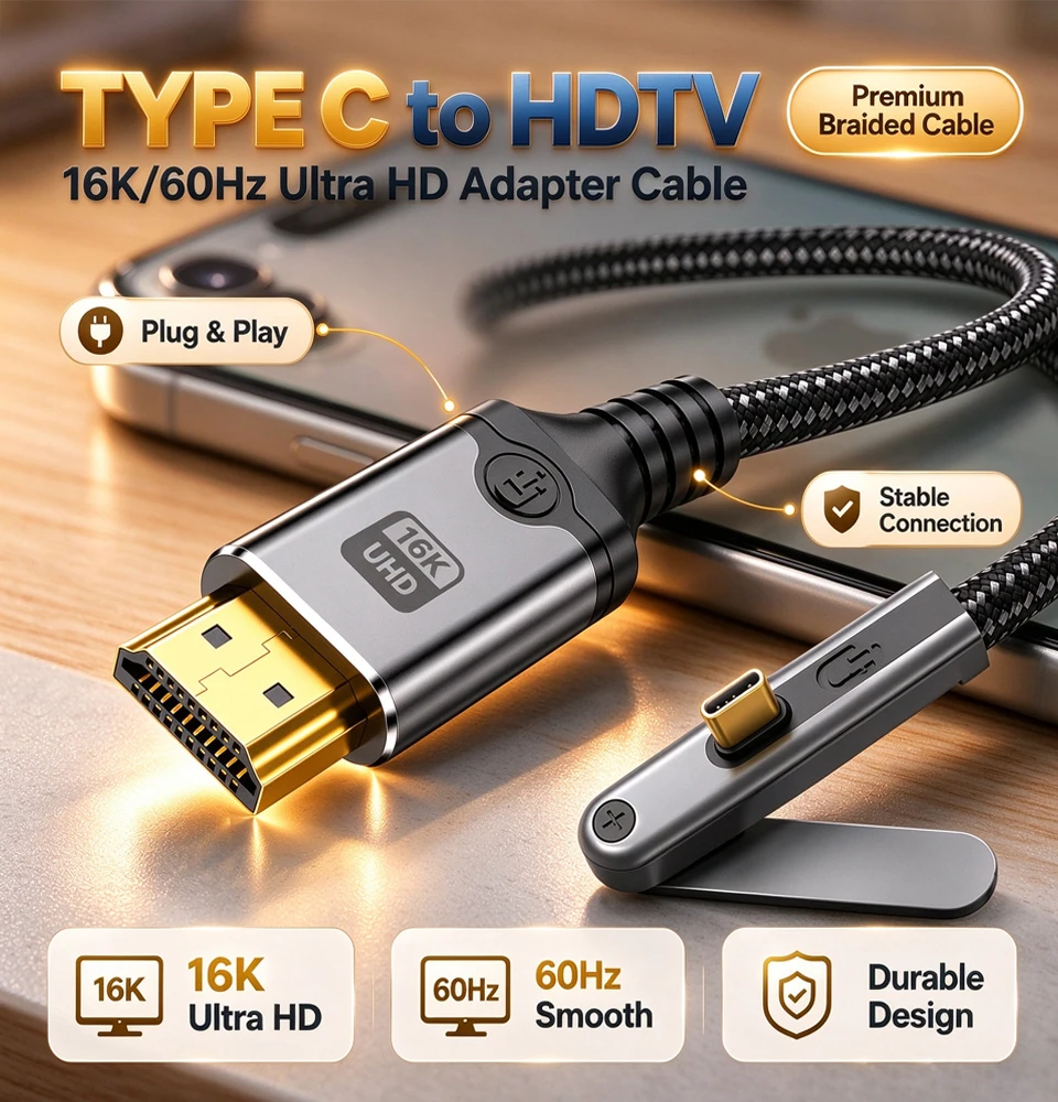 type c to HDTV Cable 16K@60Hz 8K@60Hz Foldable Mobile Holder USB C to HDMI-Compatible Video Cord For Phone PC TV Laptop