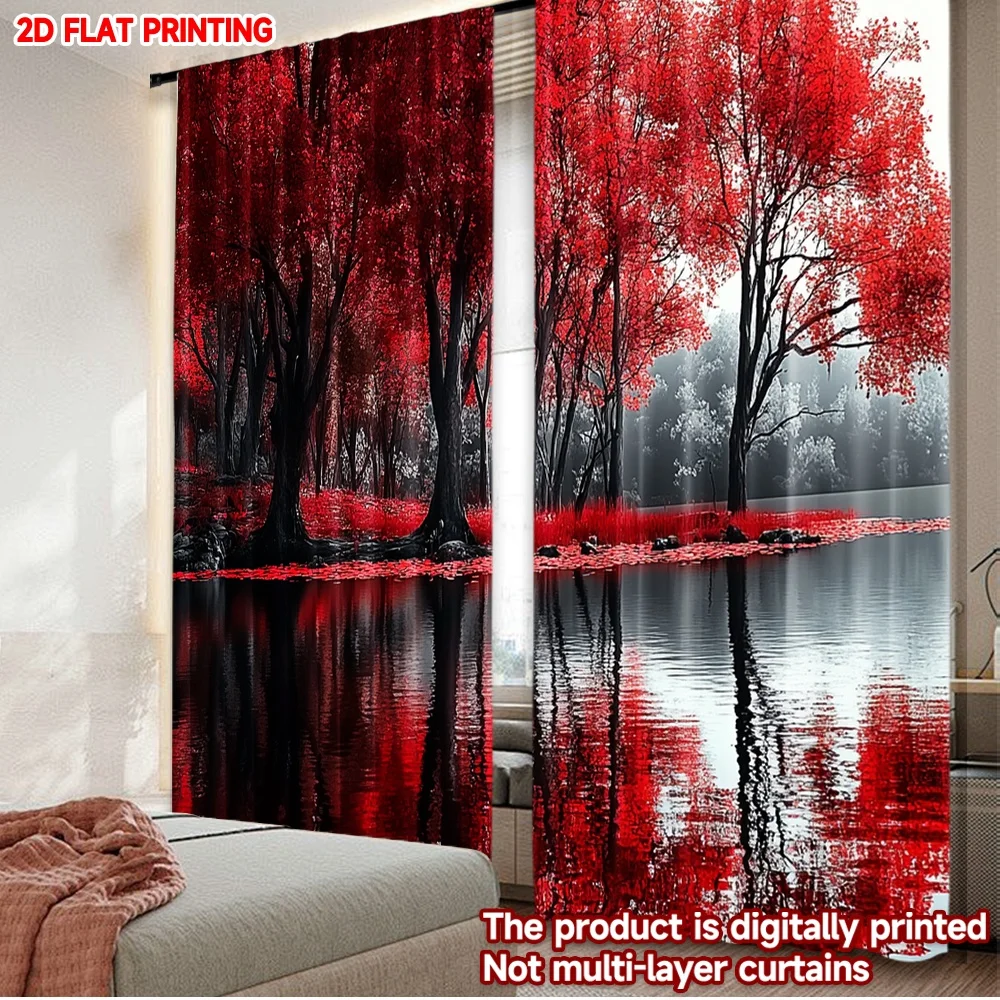 2D flat printing 2pcs Curtain Drapes Red Forest Reflection Digital Printed Polyester Drapes All Season Party & Holiday Decor Use