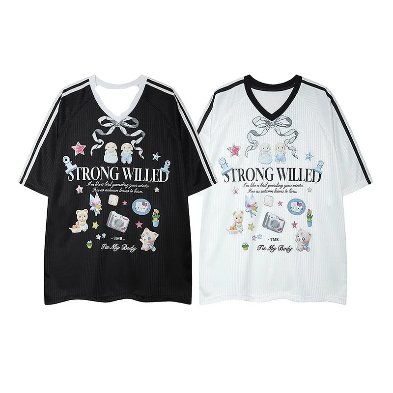 

Хип-хоп, американский ретро, милые животные, 3D-принт, трикотаж с v-образным вырезом, свободная спортивная футболка с короткими рукавами, быстросохнущая