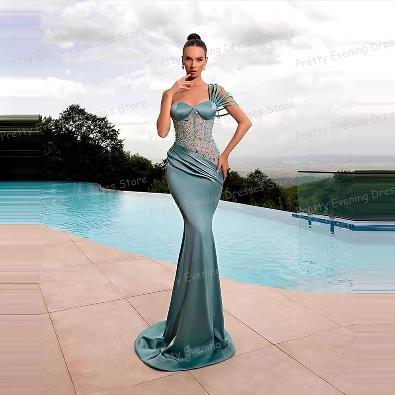 Glisten Sexy Evening Dresses Sequined Mermaid Women\'s Sleeveless One Shoulder Satin Prom Gowns Fashion Vestidos De Fiesta Gala