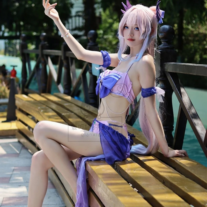 

Genshin Impact Kokomi Cosplay Costume Sangonomiya Kokomi Swimsuit Lolita Bowknot Bikini Long Swimsuit Beach Wrap Skirt Dropship