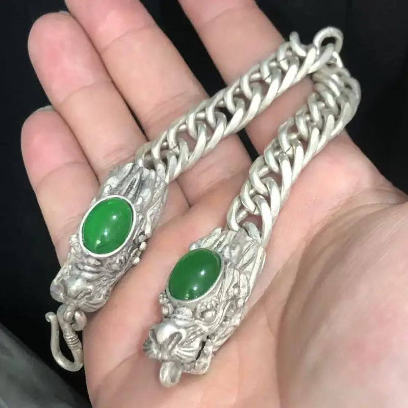 Men'S Chunky Vintage White Copper Bracelet With Green Jade Inlay