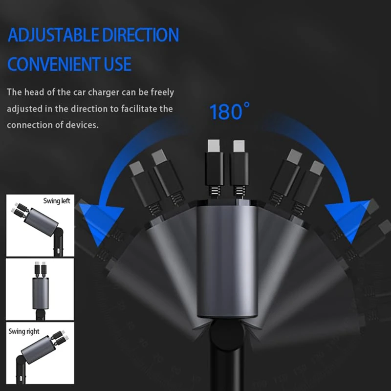 Retractable Car Charger Car Charger With Dual Type-C Cables And 2 Charging Ports With Voltage Display