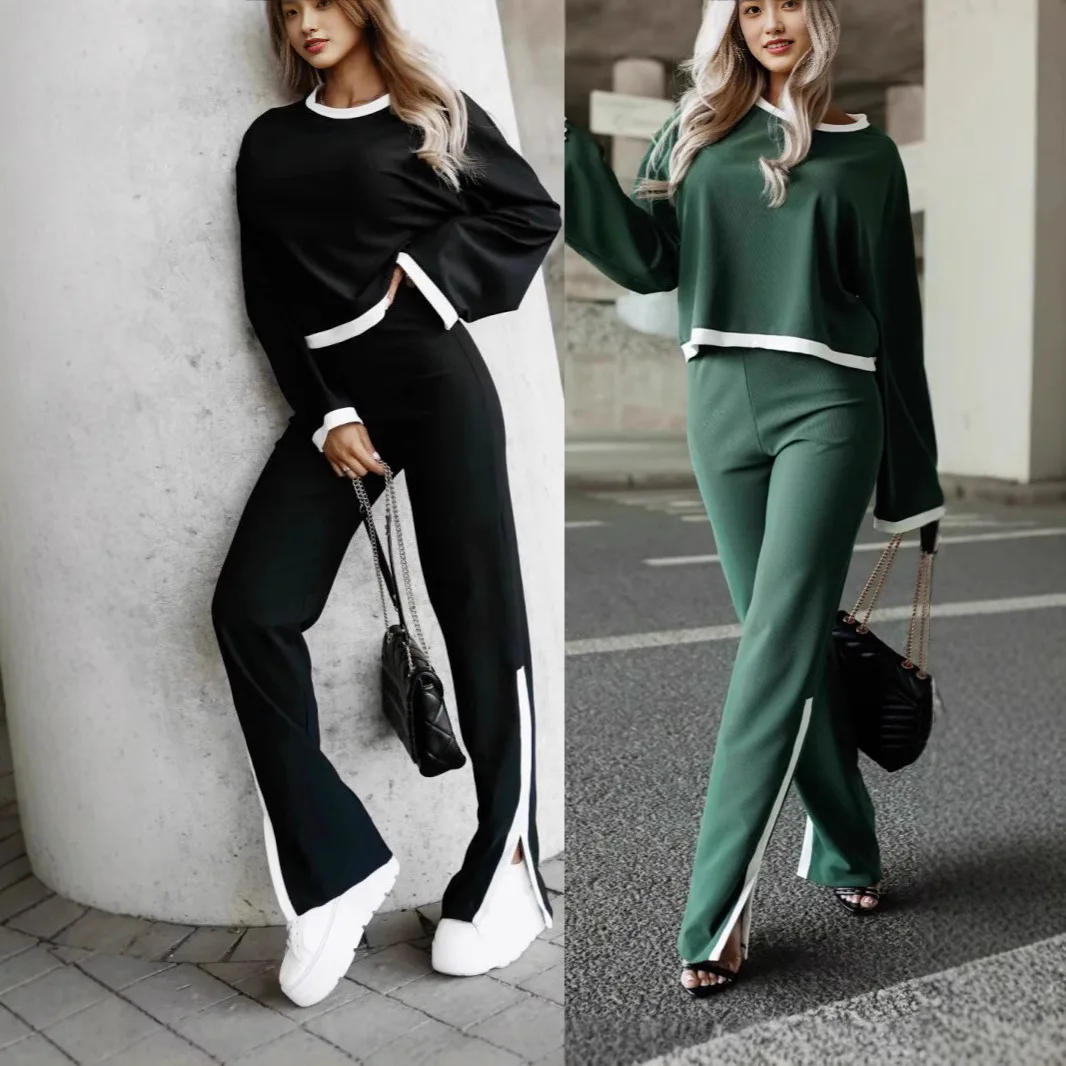 

Женский осенне-зимний комплект брюк, однотонный комплект брюк с высокой талией, широкие брюки с круглым вырезом, повседневная мода, удобный стандартный крой