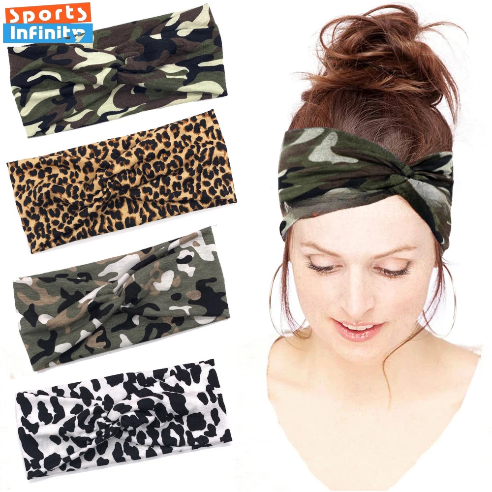 Fashion Leopard Print Sports Headband Women Camouflage Cross Headscarf Wide Sweatband Absorbent Sweat Band Yoga Running Headband