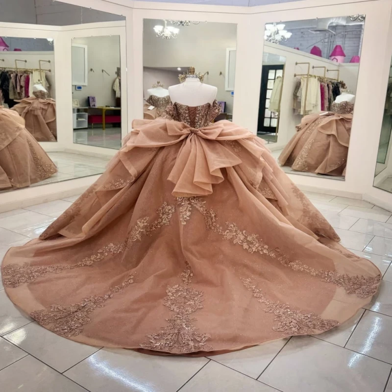 Brown Glitter Quinceanera Dresses Off Shoulder Ball Gown Sweet 16 Dress Applique Beading Crystal Bow Tull Party Birthday Vestido