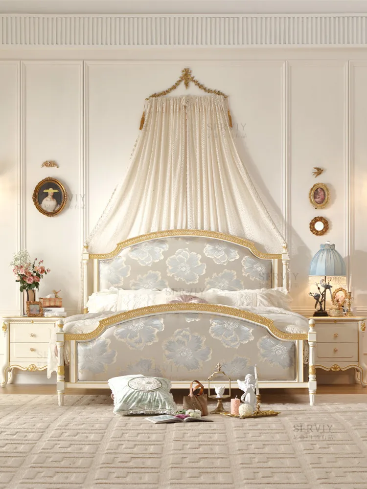 CX palace neoclassical retro solid wood bed light luxury satin embroidery retro old master bedroom bed