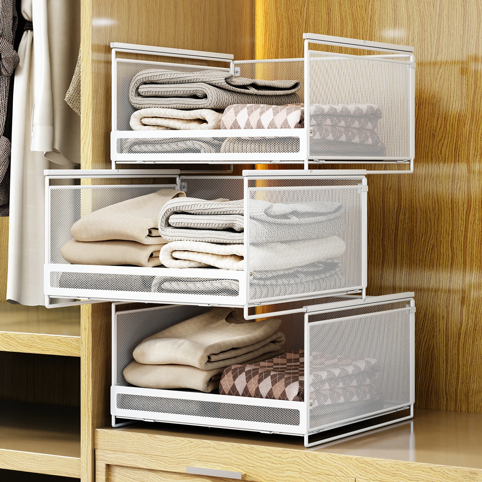 2 Tiers/3 Tiers/4 Tiers Drawer-Style Storage Baskets for Wardrobes, Freely Combinable Metal Storage Racks, Layered Dividers, Clothes Organizing Storage Boxes Closet Organizers Stackable Storage Bins